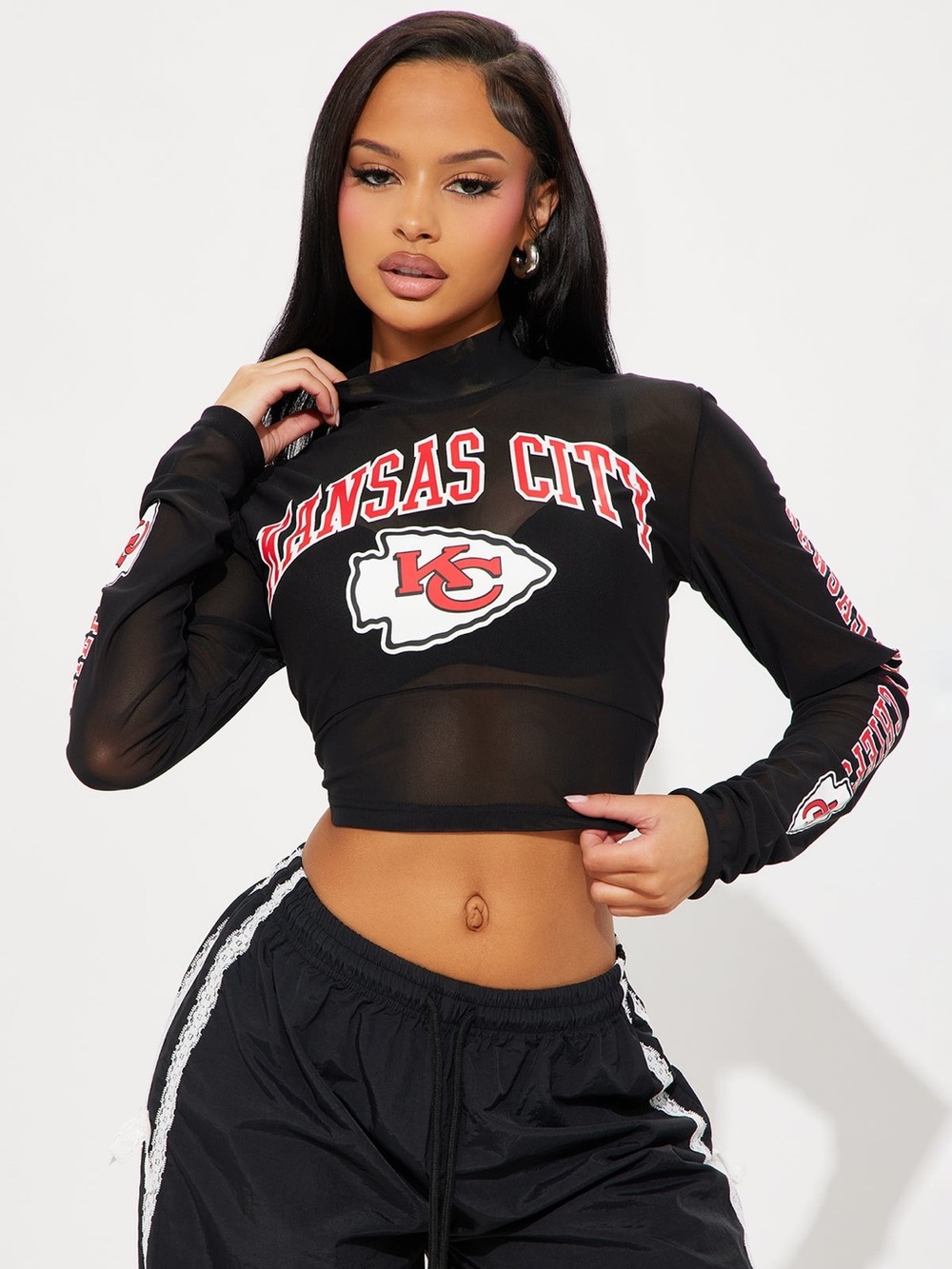 Kansas City Chiefs Black Mesh Long-Sleeve Crop Top NWT